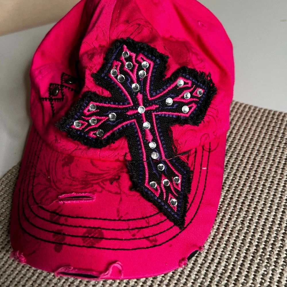 KBETHOS Hot Pink Gothic Rhinestone Cross Distressed Baseball Cap Hat Y2K Edgy